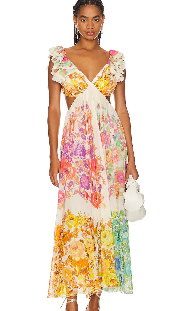 Elegant women's floral maxi dress for summer, suitable for casual wear, beach, or a party.
