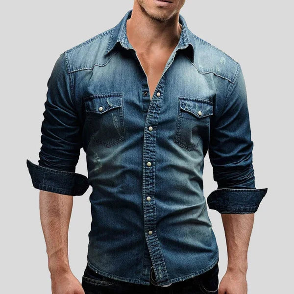Stylish men's slim fit dark blue denim button-up shirt, a versatile long sleeve casual top for men's fashion.