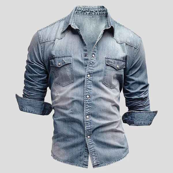 Classic men's long sleeve slim fit denim shirt, a stylish button-up top suitable as a casual shirt or overshirt.