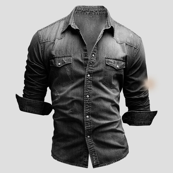 Black slim fit denim shirt for men, a classic long sleeve button-up overshirt, ideal for versatile casual styling.