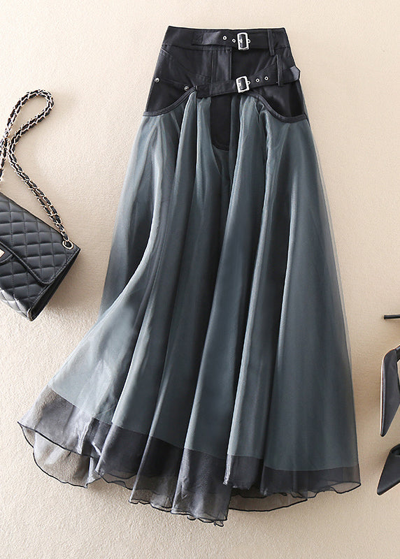 Dark gray elegant women's high-waist long mesh skirt, a flowy maxi perfect for sophisticated evening and party wear.