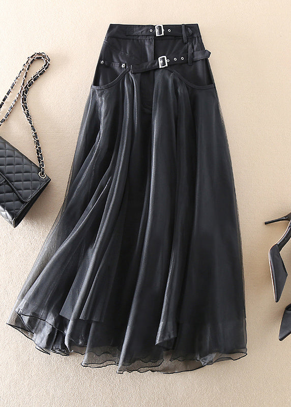 Elegant dark gray high-waist mesh maxi skirt for women, perfect for evening or formal events, featuring a flowy design.
