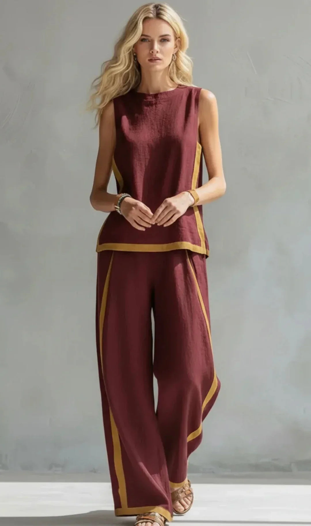 Fashionable women's linen blend two-piece set. Elegant summer outfit, comfortable for casual or dressy style.