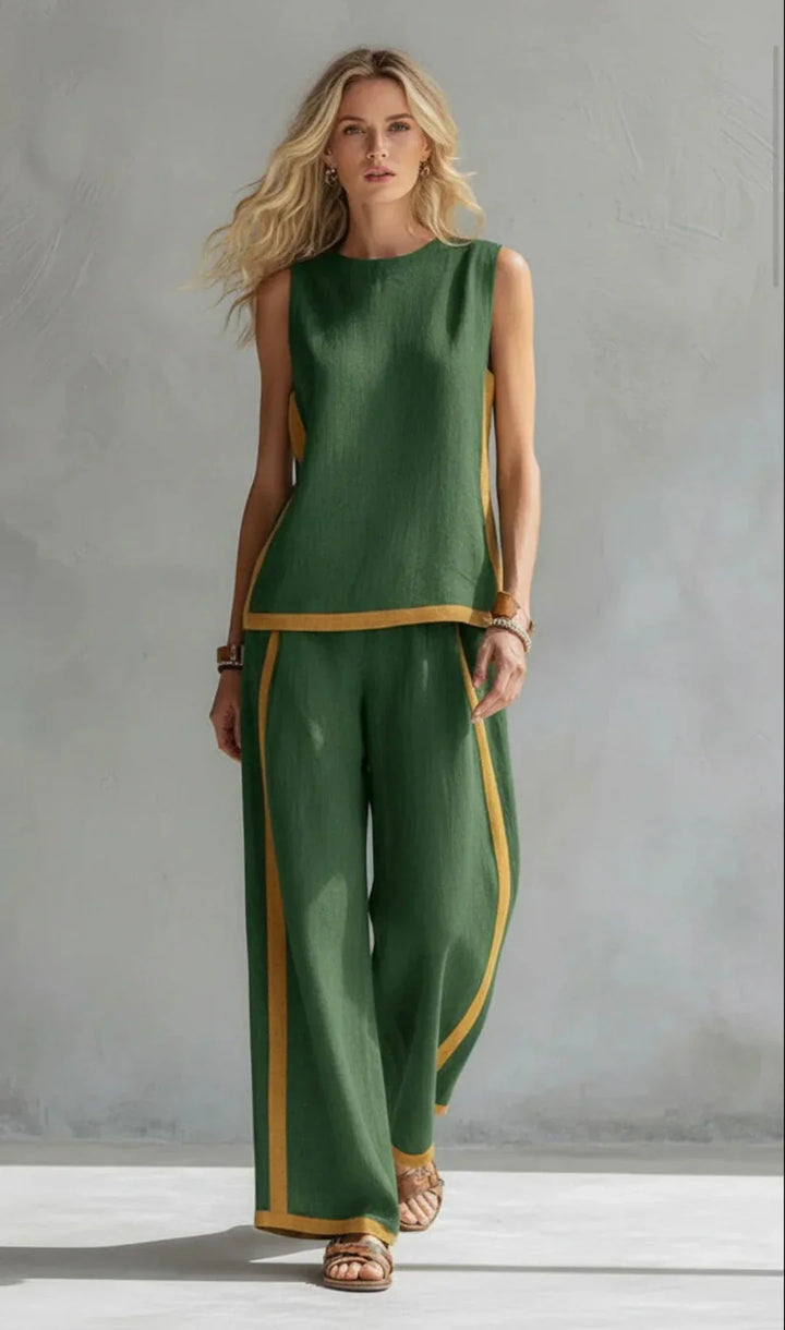 Breathable linen blend two-piece set for women. Elegant & comfortable summer fashion. Great for versatile wear.