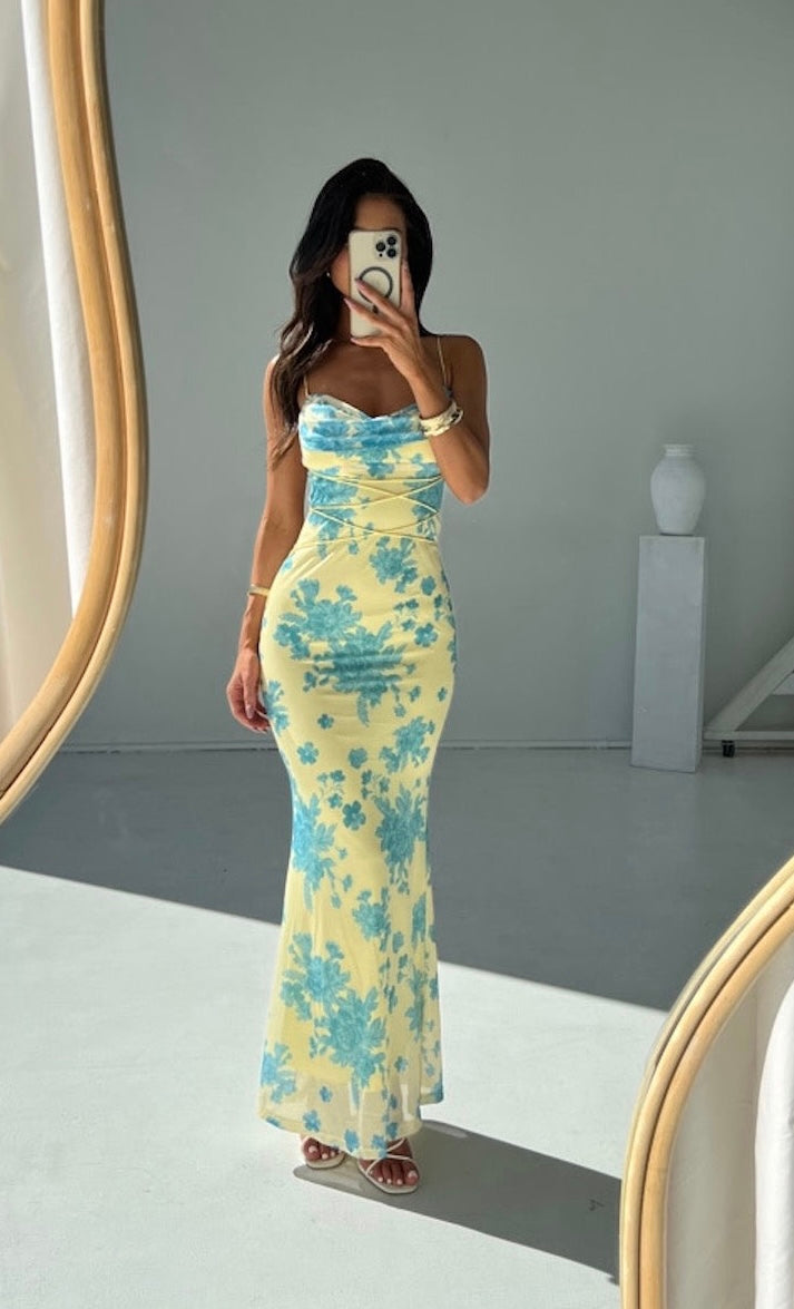 Flattering Dahlia bodycon maxi dress, ideal for special occasions, parties, or elegant summer events.