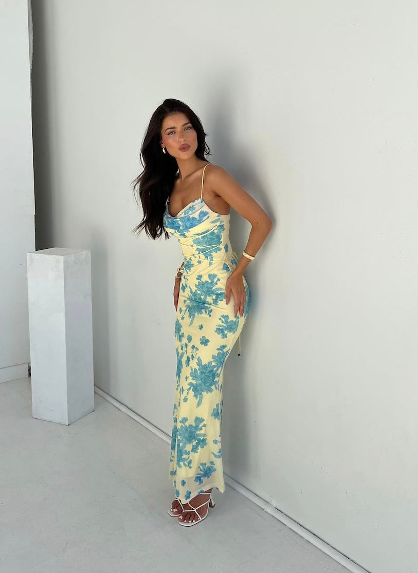 Versatile women's bodycon maxi dress with a stylish cowl neck & adjustable straps for summer evenings.