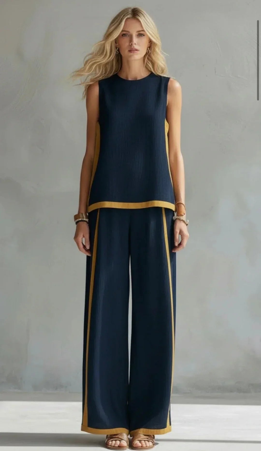 Versatile women's linen blend two-piece set. Comfortable & elegant for summer fashion. Perfect casual outfit.