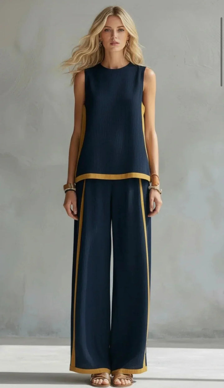 Versatile women's linen blend two-piece set. Comfortable & elegant for summer fashion. Perfect casual outfit.
