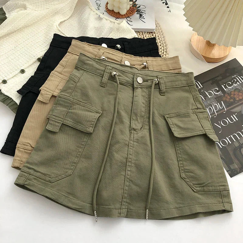 Trendy Y2K fashion high-waist A-line mini skirt for women, ideal for casual streetwear.