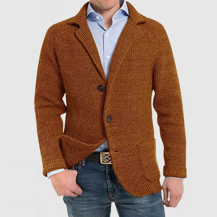 Versatile men's two-button blazer jacket. Features a notch lapel. Perfect for formal, casual, or smart casual wear.