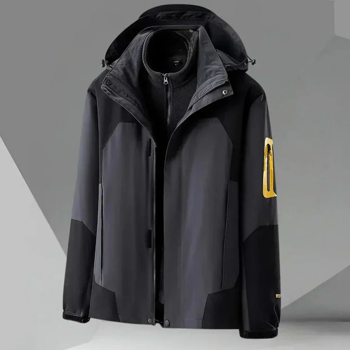 Men's stylish hooded rain jacket in color block design, perfect lightweight outerwear for spring & fall transitional weather.