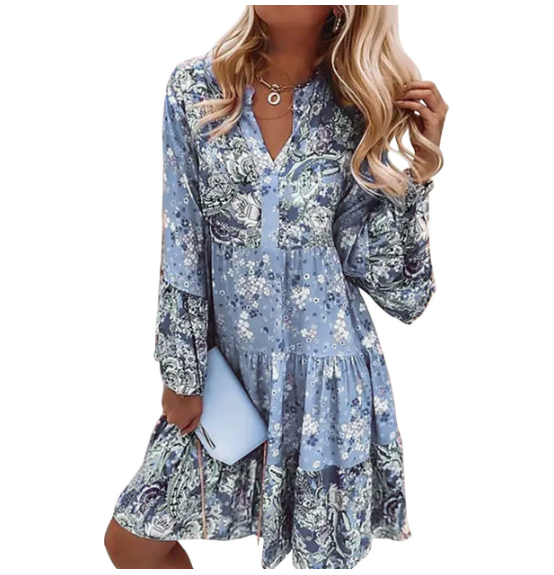 Versatile women's floral print mini dress, a casual boho summer dress with an elegant, flowy silhouette.