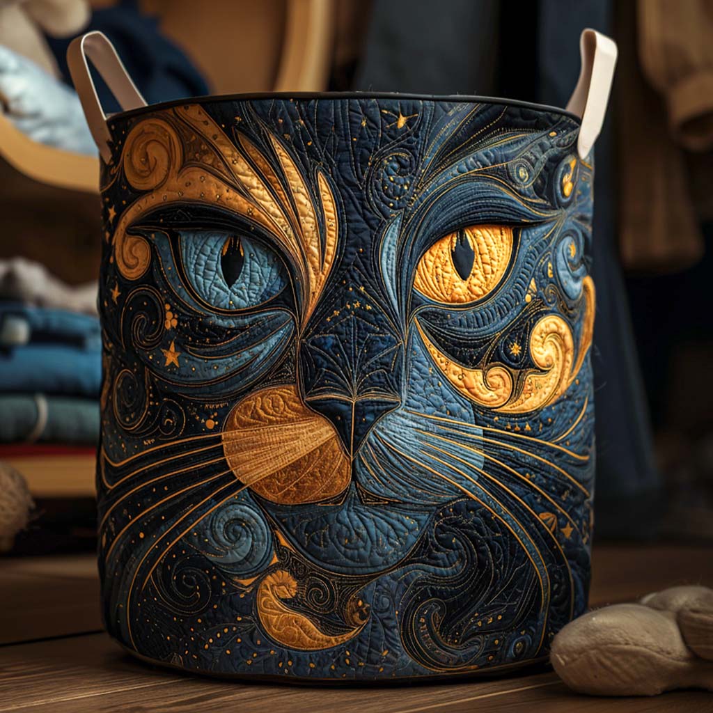 Galaxy Cat Quilted Laundry Basket, foldable storage for bedroom/bathroom. Cute cosmic home decor & organization.