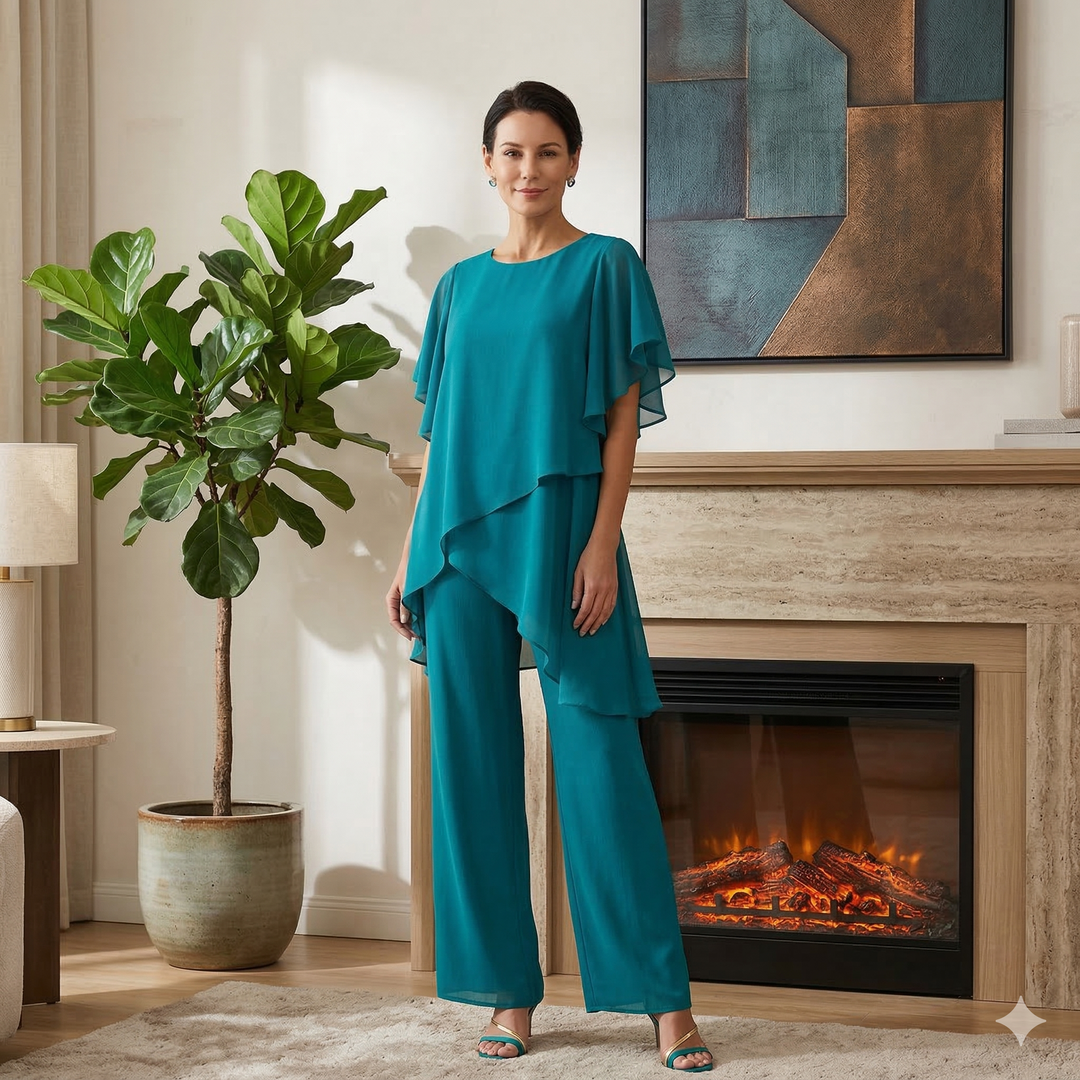 Chic & elegant women's relaxed two-piece outfit. Features a stylish layered top & comfortable wide-leg pants set.