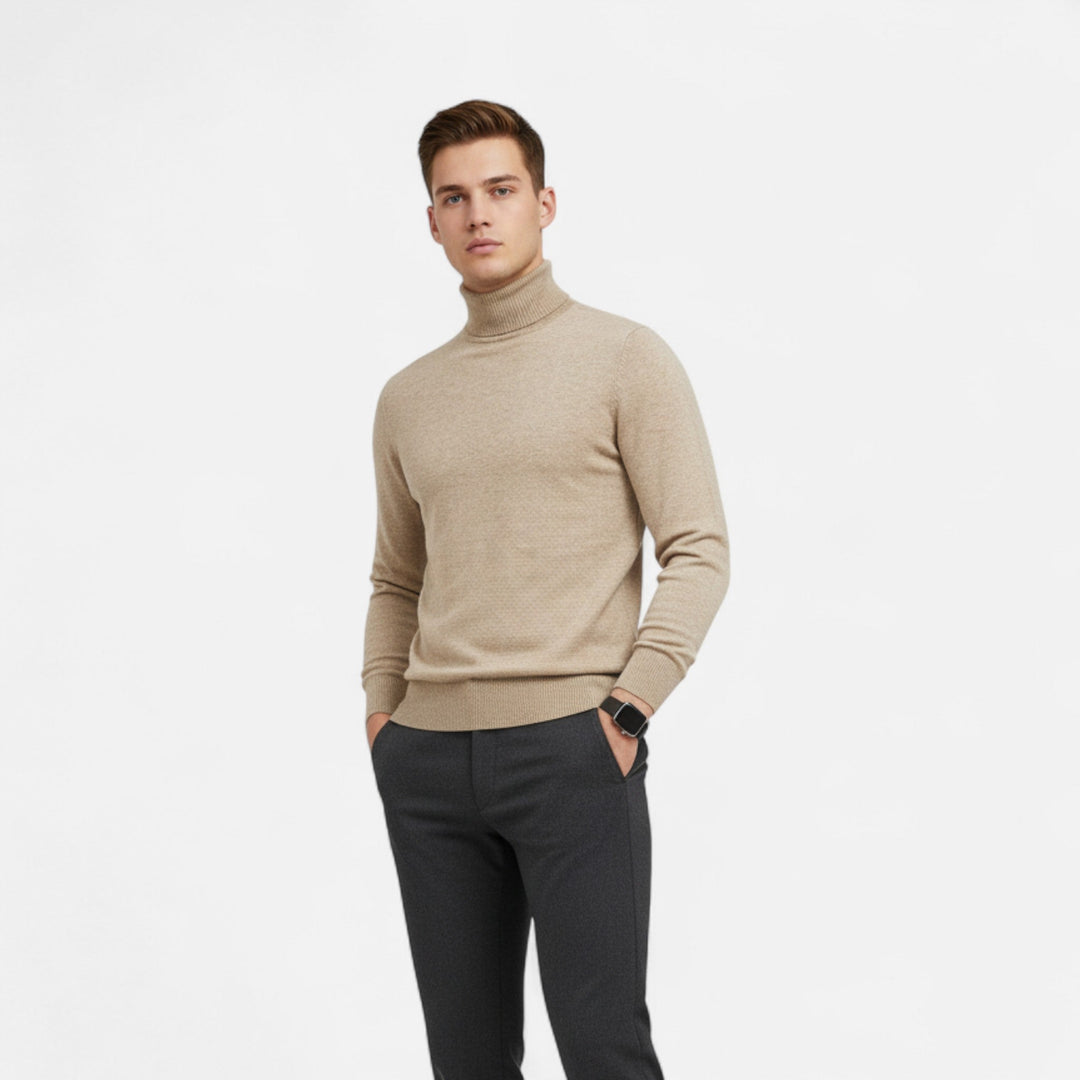 Warm men's long-sleeve ribbed high-neck sweater, ideal for comfortable winter fashion and sophisticated men's clothing.