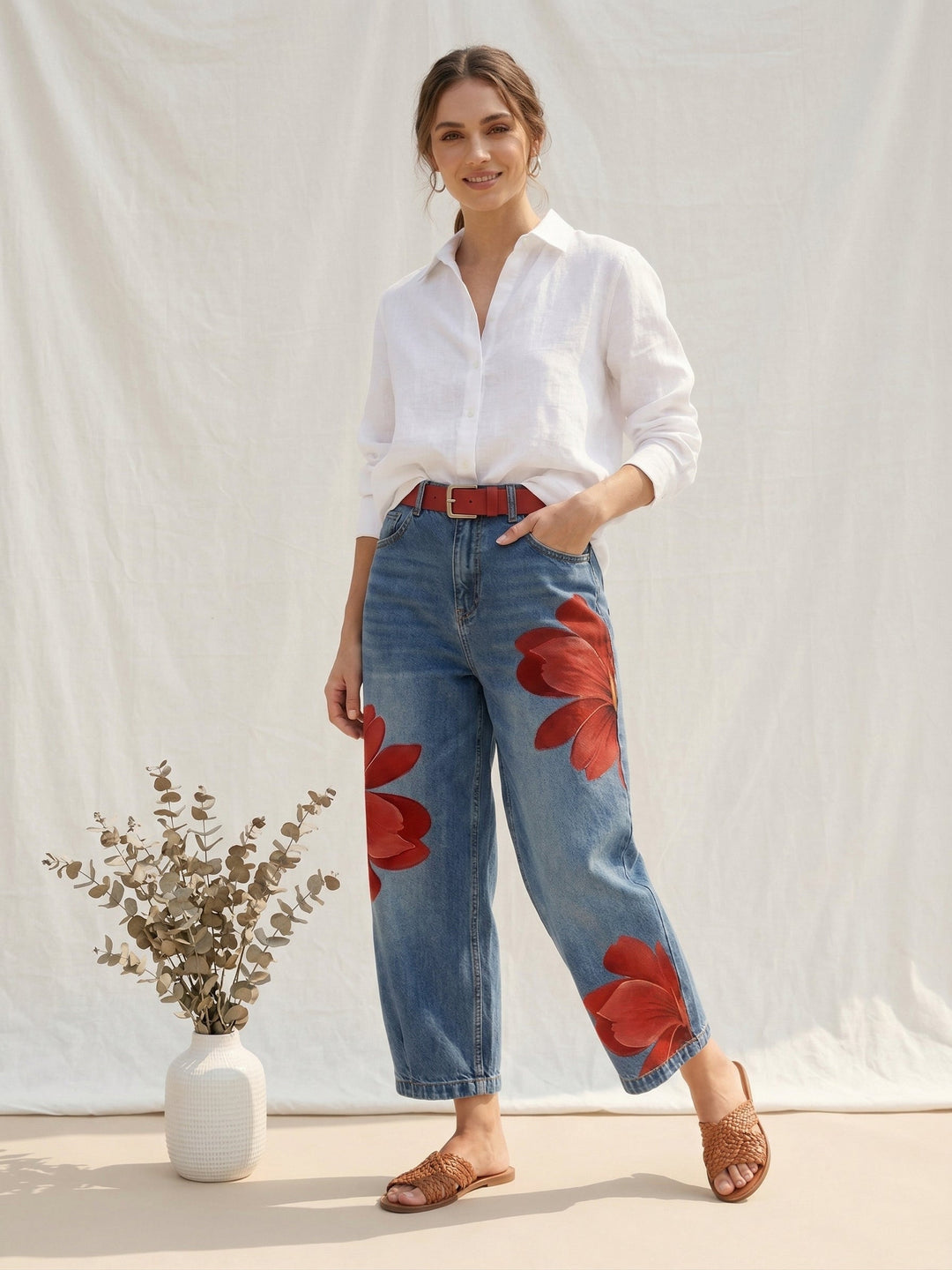 Effortless women's floral patterned pants, high waist, straight leg. Comfortable for casual wear.