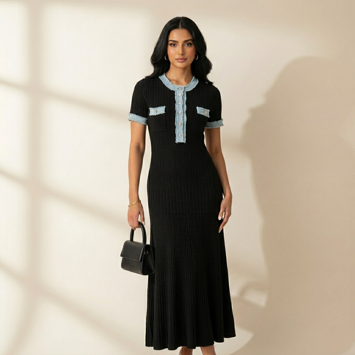 Elegant women's ribbed midi dress, perfect for versatile styling from casual to workwear. Comfortable & flattering fit.