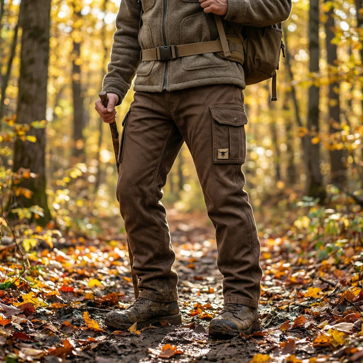 Durable men's insulated cargo pants for workwear and outdoor use. Practical utility trousers with multiple pockets.
