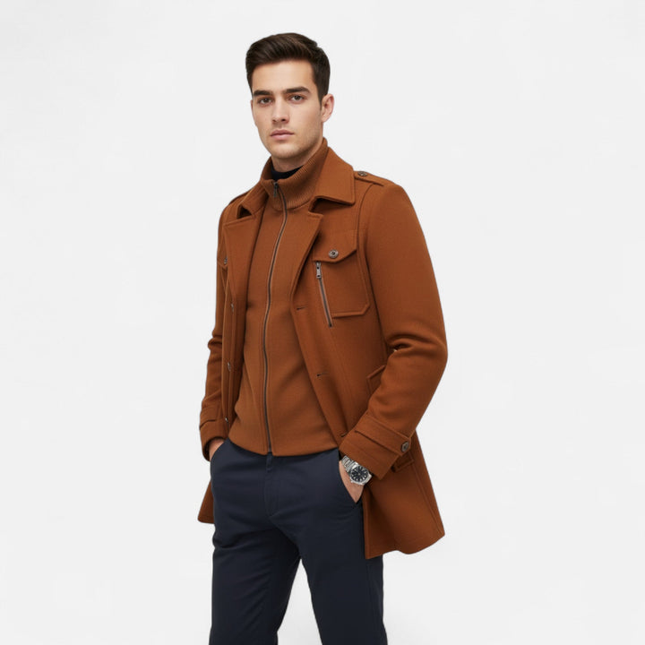 Modern men's slim-fit tailored outerwear, a refined long sleeve lapel coat for autumn & winter fashion.