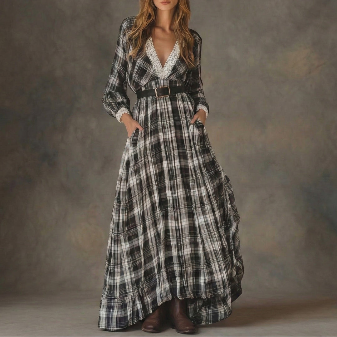 Women's black & white plaid maxi dress with elegant lace trim & belted waist, perfect for fall bohemian style.