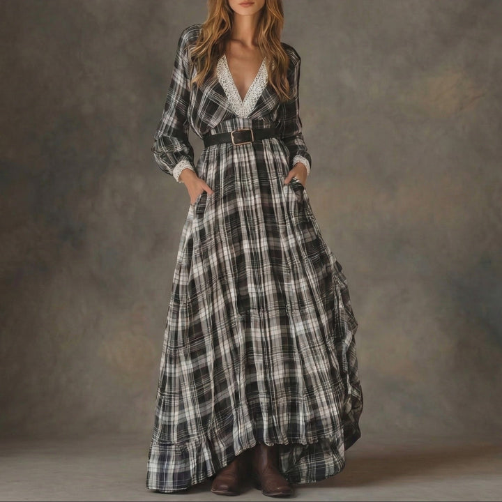 Women's black & white plaid maxi dress with elegant lace trim & belted waist, perfect for fall bohemian style.