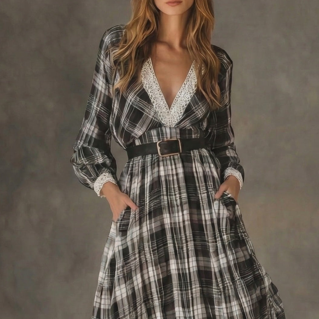 Flowy long sleeve women's plaid maxi dress with delicate lace trim & stylish belt, ideal for casual fall/winter wear.