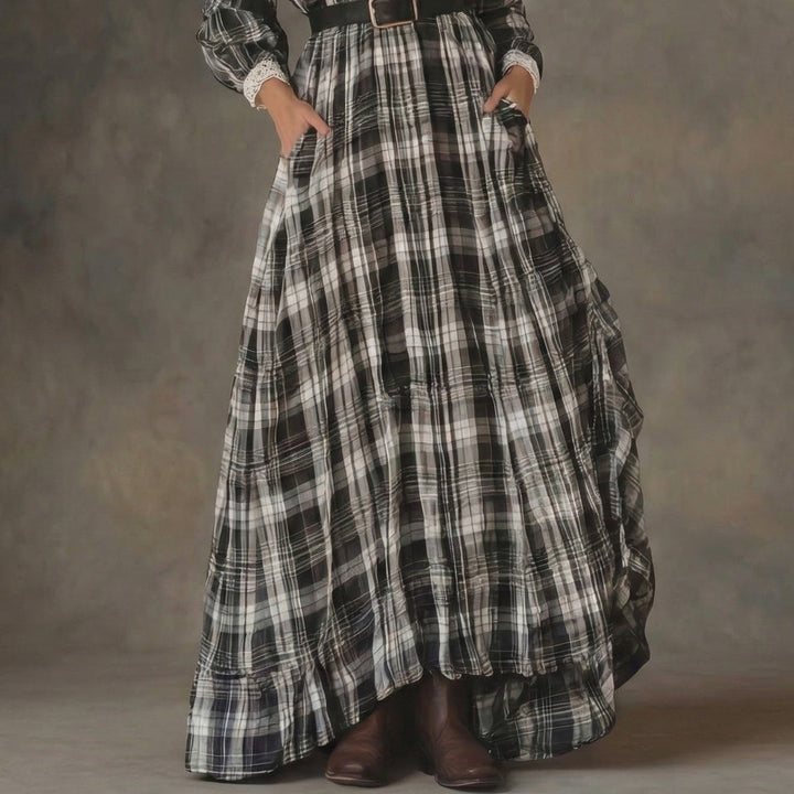 Elegant black & white plaid maxi dress for women, featuring a chic belt & intricate lace details, suited for western style.