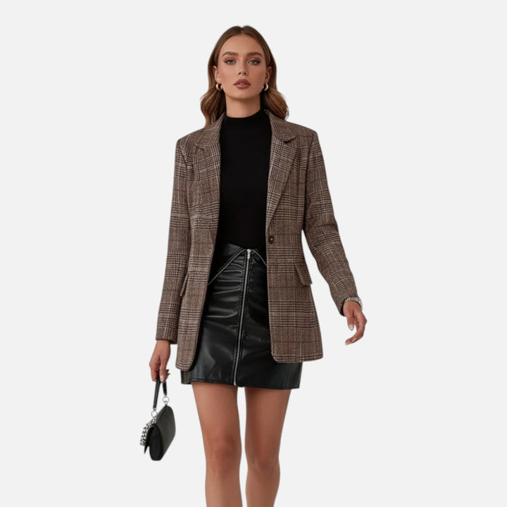 Classic elegant women's plaid blazer. Versatile outerwear for professional office, business, and formal occasions.