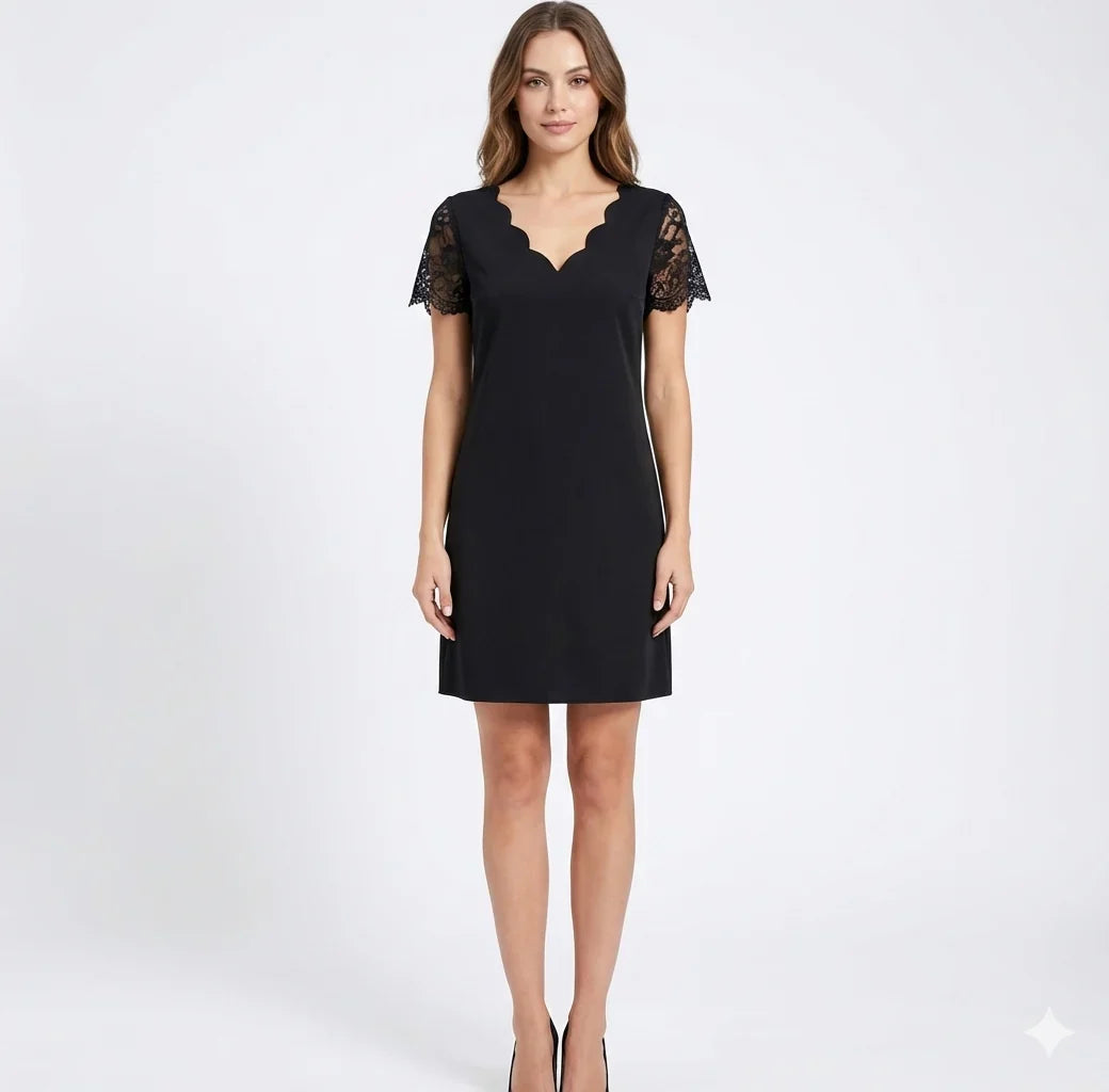 Elegant black women's mini dress with scalloped V-neck, delicate lace sleeves, and relaxed fit, perfect for parties.