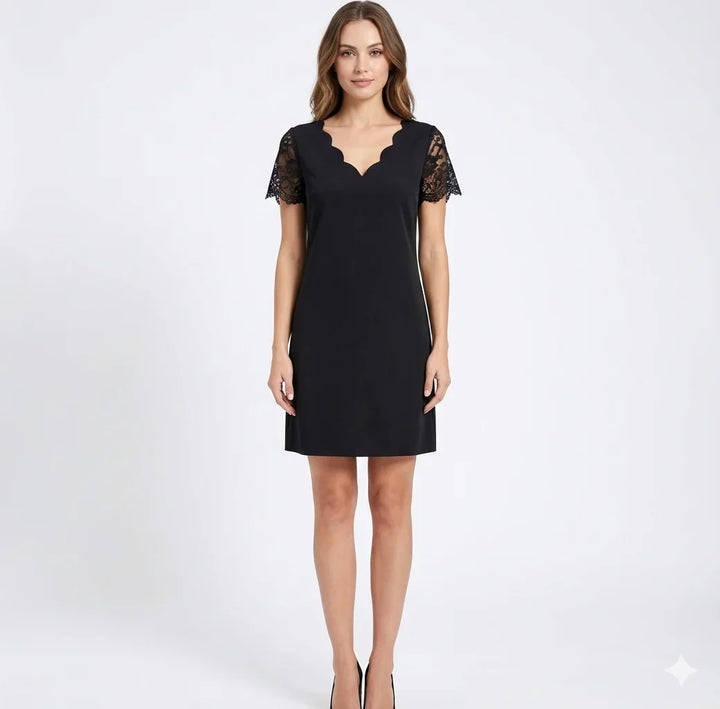 Elegant black women's mini dress with scalloped V-neck, delicate lace sleeves, and relaxed fit, perfect for parties.