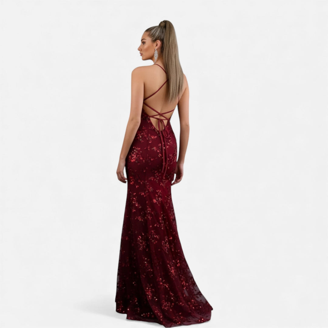 Dazzling sequin maxi dress, an elegant women's evening gown, perfect for glamorous parties & formal occasions.