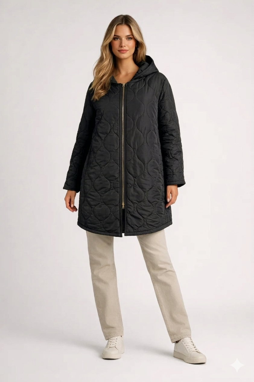 Green women's quilted knee-length coat with hood. Stylish & warm autumn jacket for casual outdoor wear.