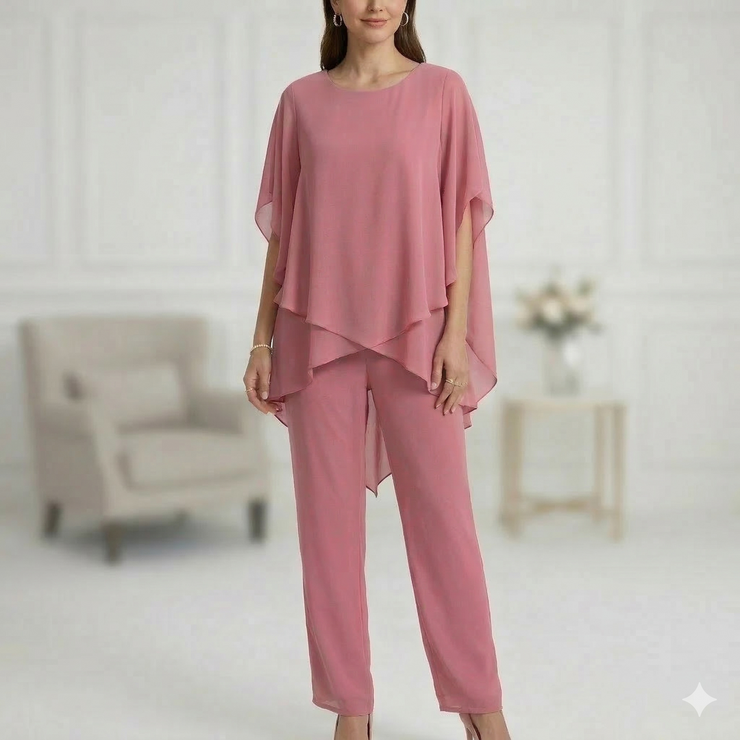 Soft & comfortable women's chic two-piece outfit. Relaxed wide-leg pants & elegant layered top for loungewear.