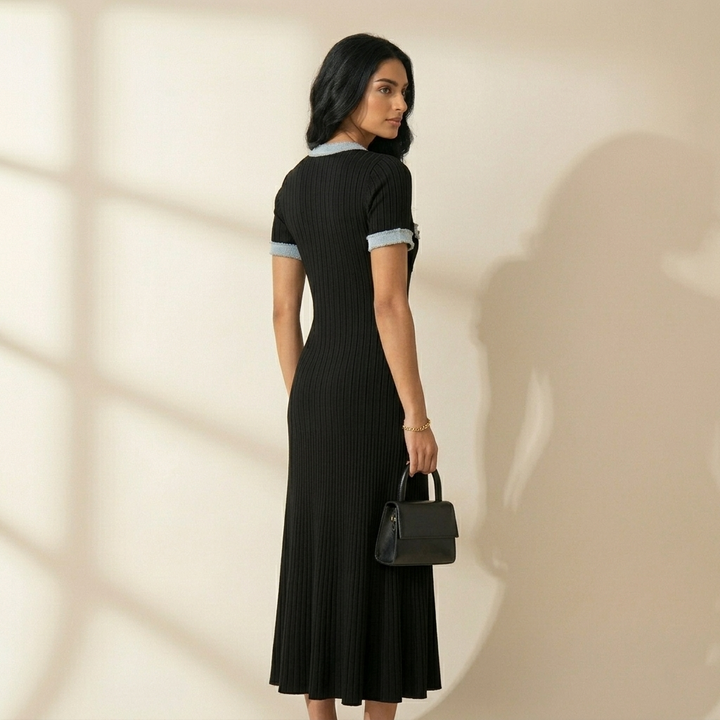 Flattering women's midi dress in soft ribbed knit, ideal for elegant casual wear or chic occasion dressing.