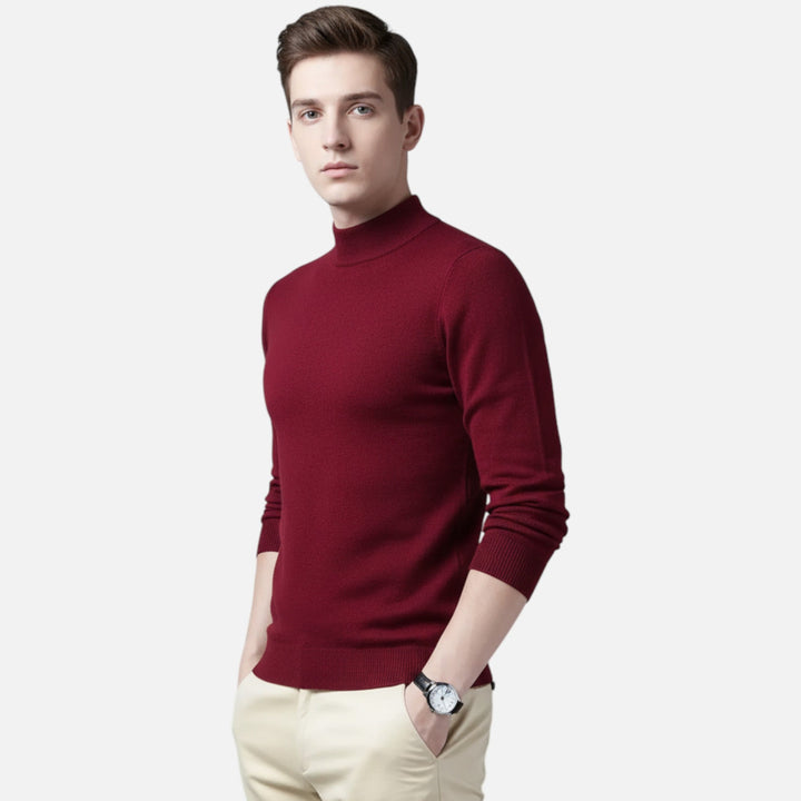 Stylish men's knit pullover sweater with stand collar, perfect for autumn/winter layering.