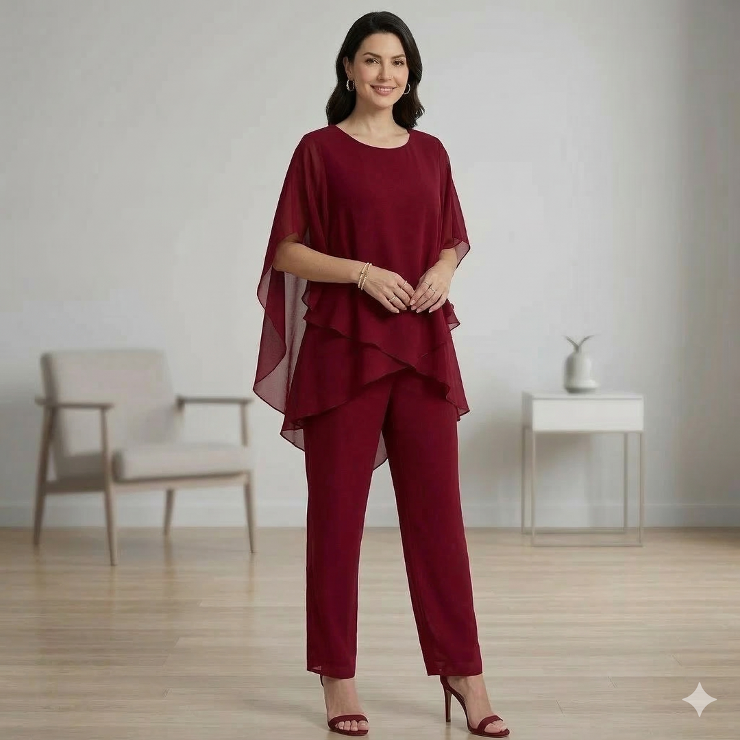 Fashionable women's two-piece ensemble: chic layered top & wide-leg pants set. Elegant, relaxed, & comfortable.