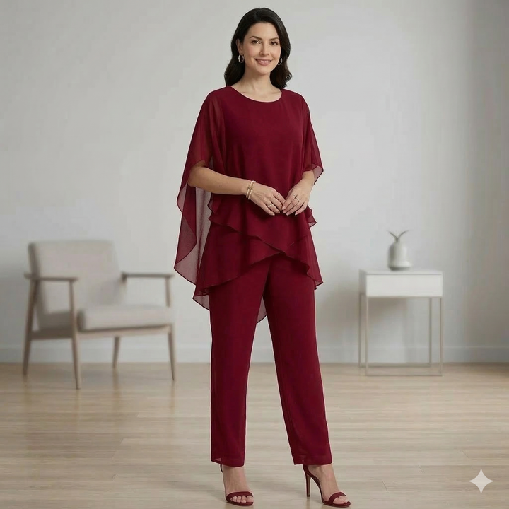 Fashionable women's two-piece ensemble: chic layered top & wide-leg pants set. Elegant, relaxed, & comfortable.