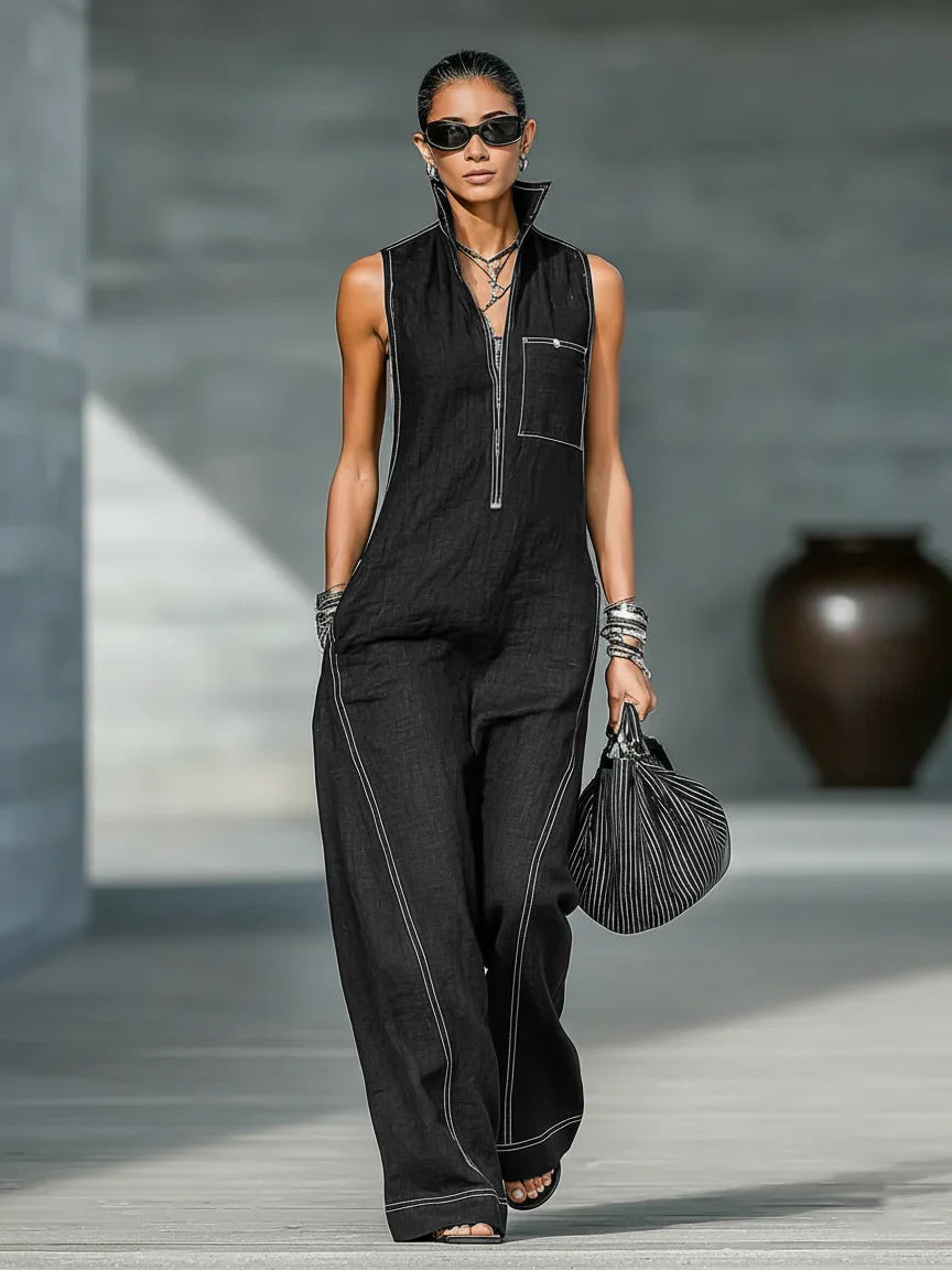 Chic sleeveless jumpsuit for women, featuring white trim; a comfortable and stylish travel outfit.