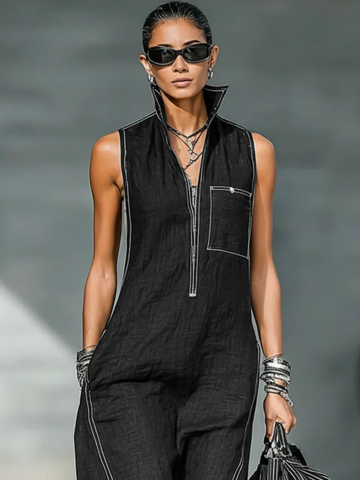 Elegant sleeveless women's jumpsuit with chic white trim, a must-have for summer fashion trends.