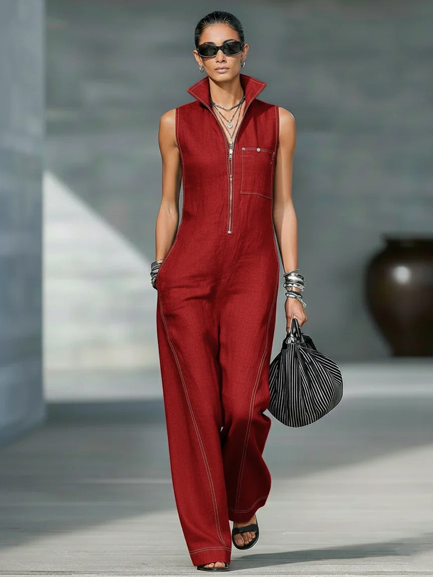 Women's sleeveless jumpsuit with elegant white trim, perfect for chic summer fashion & travel.