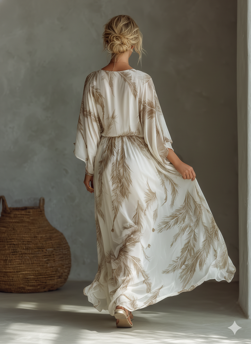 Women's tropical palm leaf maxi dress with V-neck, dolman sleeves & elegant twisted front. Perfect vacation style.