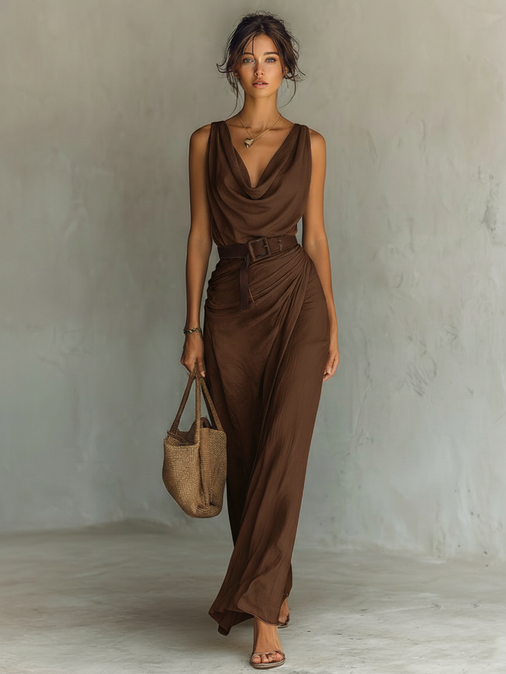 Comfortable brown women's elegant sleeveless maxi dress with a flattering draped neck, perfect for summer events & daily wear.