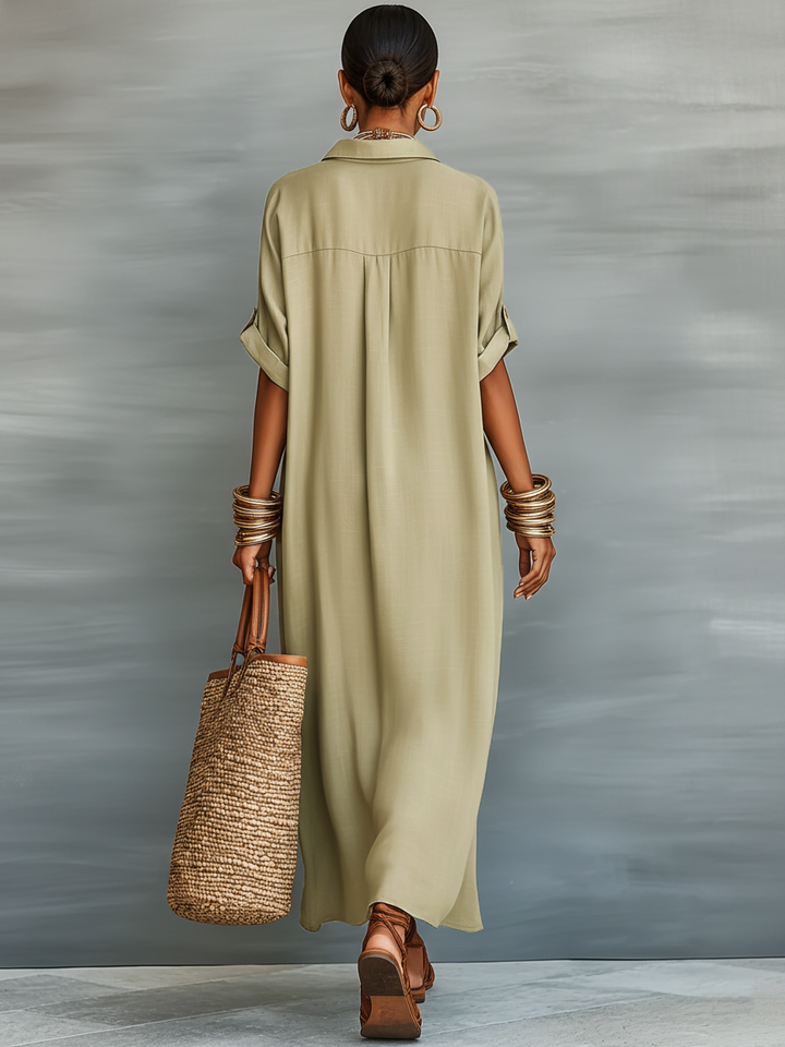 Versatile women's long maxi shirt dress, button-front design for spring & summer casual or weekend wear.