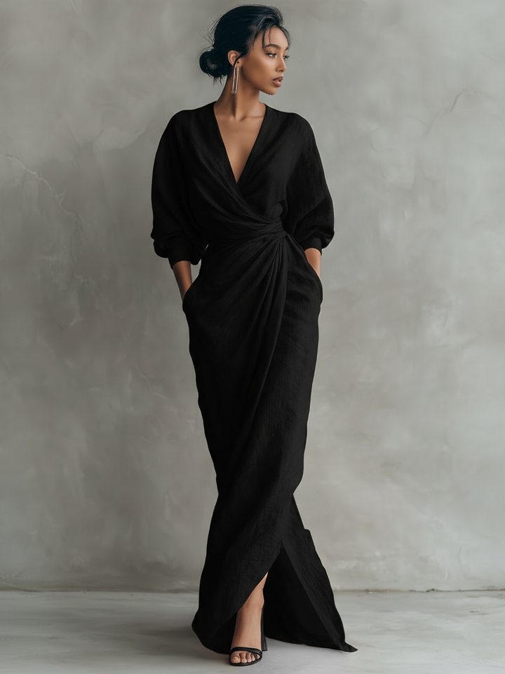 Brown minimalist women's wrap maxi dress, a casual yet elegant mid-sleeve summer vacation dress.