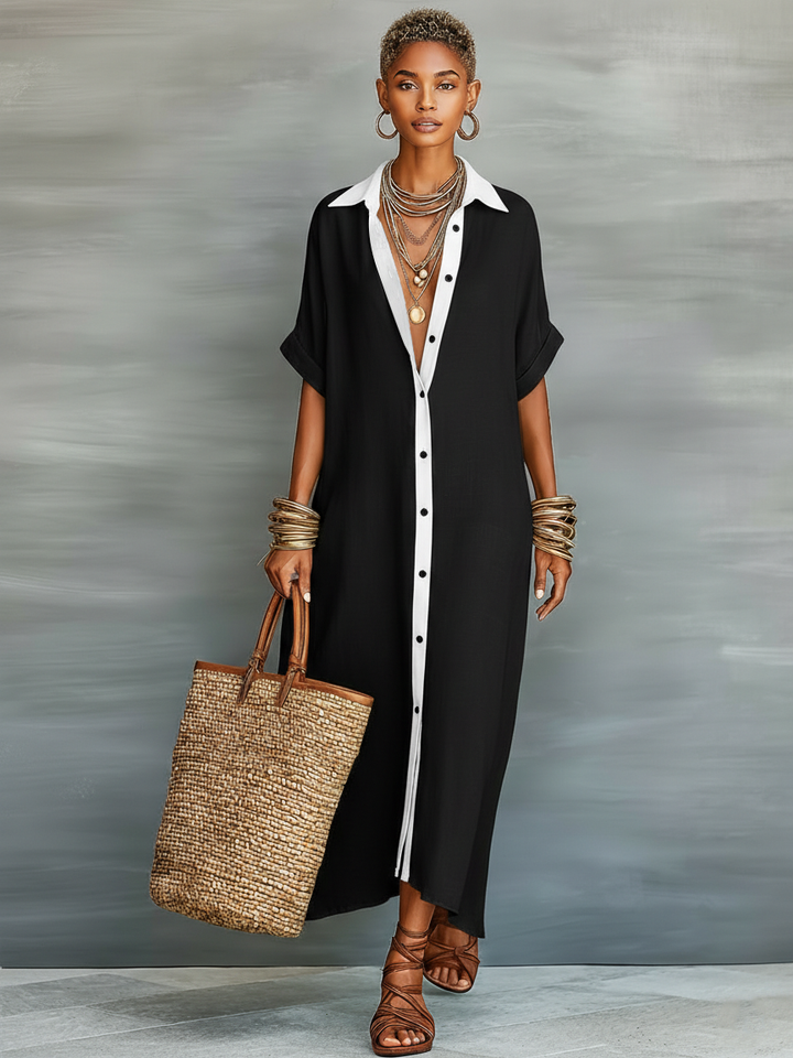 Elegant women's button-front maxi shirt dress, a relaxed fit long dress ideal for casual spring & summer outfits.
