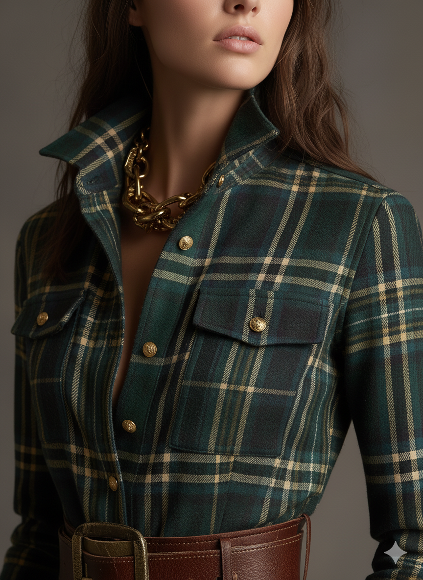 Women's midi belted shirt dress in plaid, showing practical side pockets & elegant silhouette.