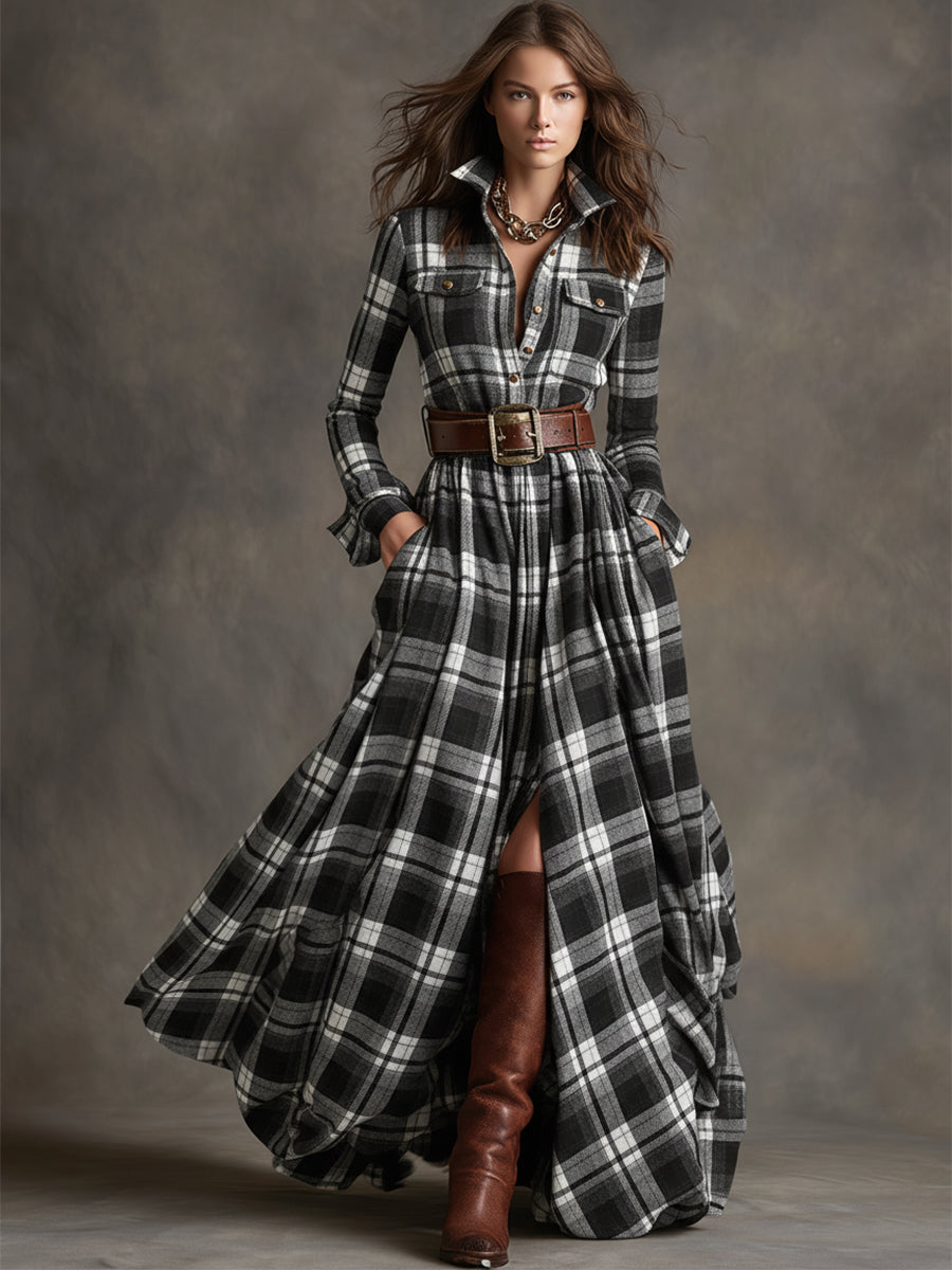 Versatile casual plaid shirt dress for women, featuring a belt & practical side pockets.