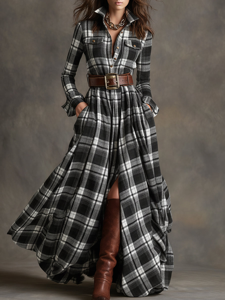 Professional model in an elegant women's plaid workwear shirt dress with belt & pockets.