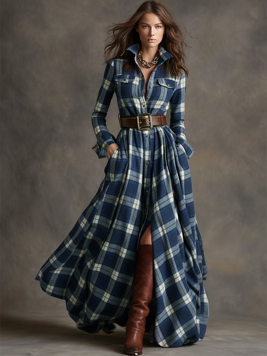 Women's fall fashion plaid shirt dress styled with a belt, pockets & autumn accessories.