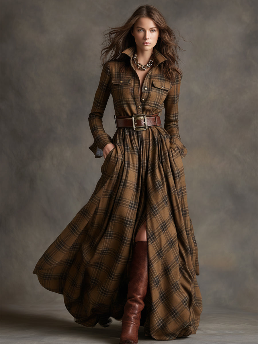 A chic women's belted plaid shirt dress with practical pockets, a versatile midi for any occasion.